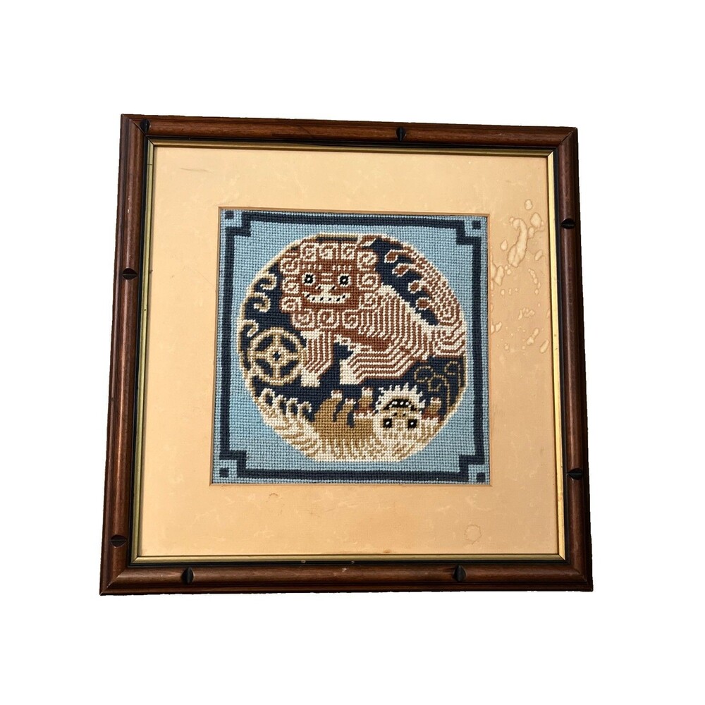 Vintage Framed Needlepoint Chinoiserie Dragon Foo Dog Faux Wood Bamboo Frame